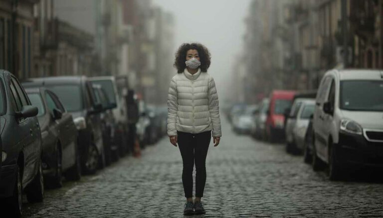 Asian woman in antiviral mask stands in the middle of a deserted street in foggy.