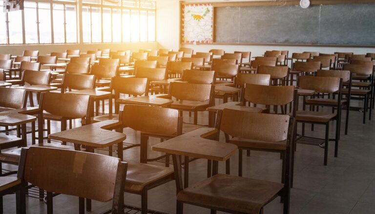 Empty classroom with vintage tone wooden chairs. Back to school