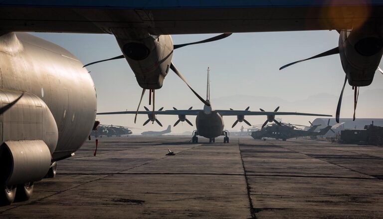 Military aircraft fill Kabul Aiport, Afghanistan