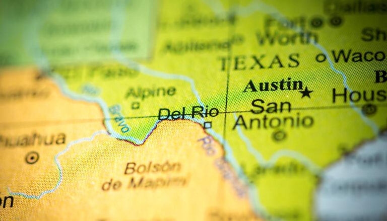 Closeup of Del Rio, Texas on a political map of USA.