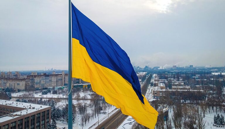 The aerial view of Ukraine's flag in winter