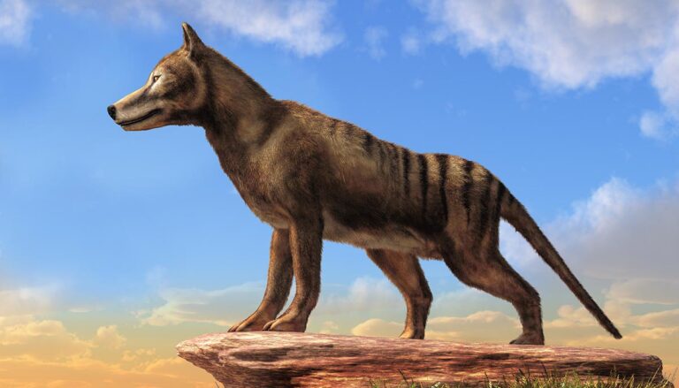 Thylacine was the largest carnivorous marsupial. Now extinct, the last known died in 1933 in Tasmania. Also known as a Tasmanian tiger or wolf. 3D Rendering