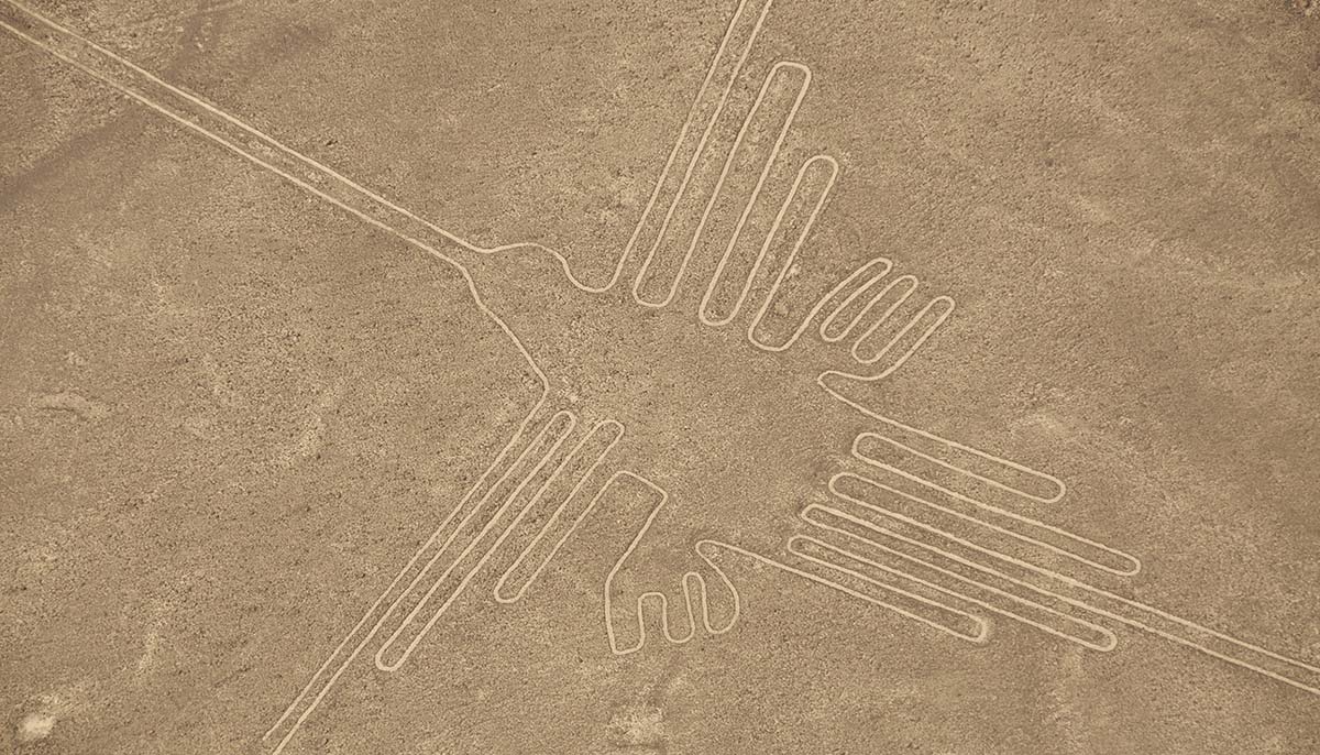 Aerial View of The Hummingbird Geoglyph at the Nazca Lines in Peru