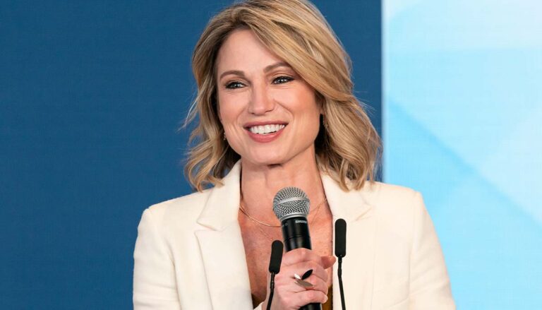 New York, NY - January 15, 2019: Amy Robach wearing suit by Raoul speaks at WebMD Health Hero Awards ceremony at WebMD Corporate Headquarter