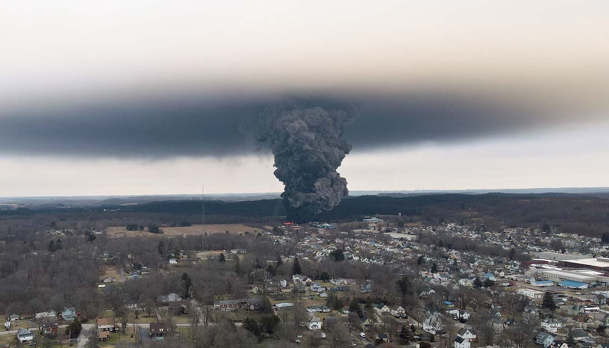 EAST PALESTINE, OH - Circa Feb 2023 - An aerial view of a mushroom cloud after authorities performed a controlled release of chemicals after a massive train derailment. Photo Credit: RJ Bobin.