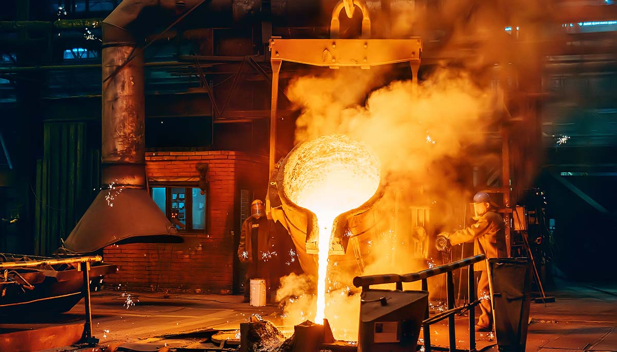 Pouring molten metal into mold from ladle container in foundry metallurgical factory workshop, iron cast, heavy industrial background