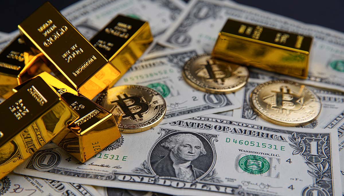 Gold bars and american one dollar bills. Scattered bitcoin digital cryptocurrency coin. Bank image and photo background.