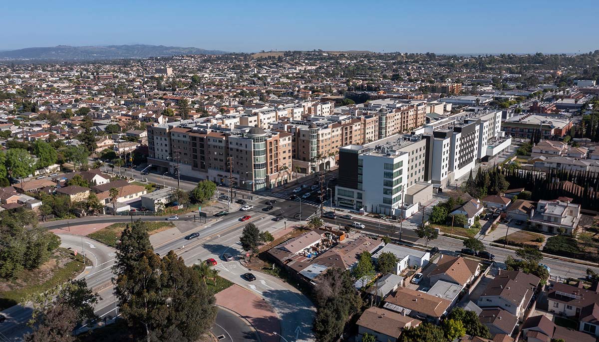 Afternoon aerial city view of downtown Monterey Park, California, USA.