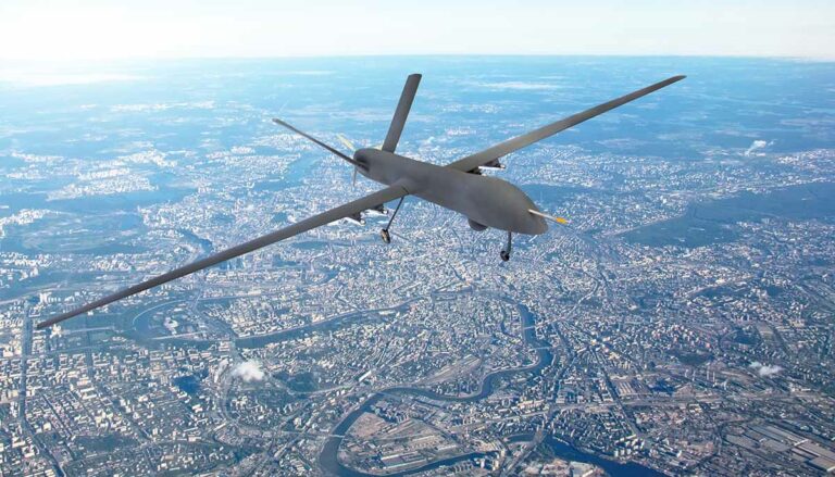 Unmanned military drone patrols the territory, flying over the disrtict of city
