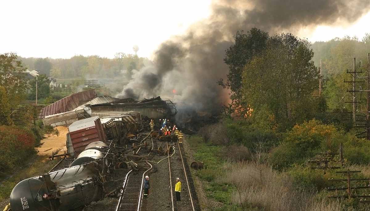 an aerial view of a tragic train crash in Painesville Ohio, photographed on 10-9-07