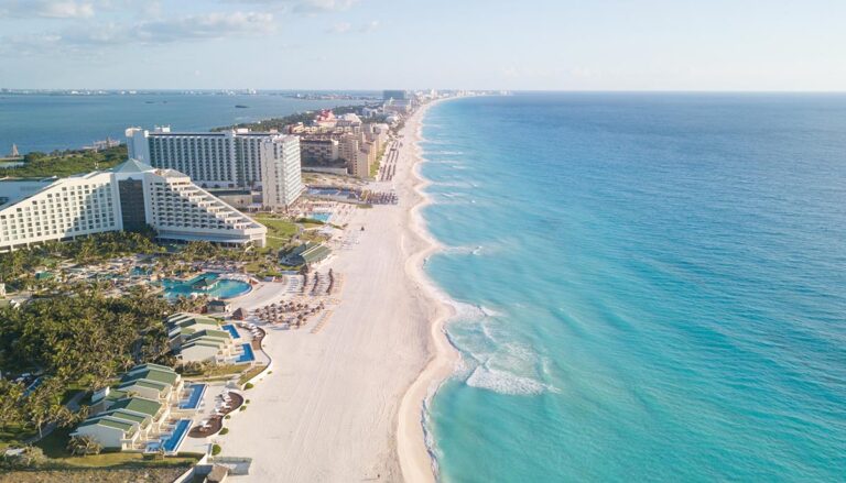 Beautiful beach in Cancun, aerial view. Zona Hoteliera. Caribbea