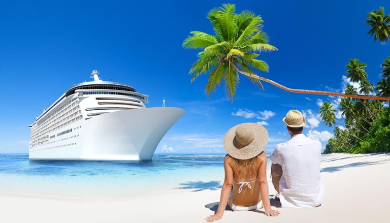 Romantic Couple Sitting by a Cruise Ship
