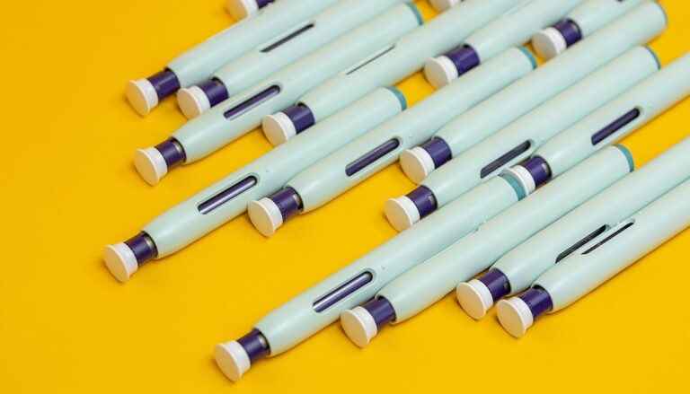 Slanted grouping of self application syringe pens on seamless yellow background. Studio medical equipment still life concept with auto-injector disposable devices.